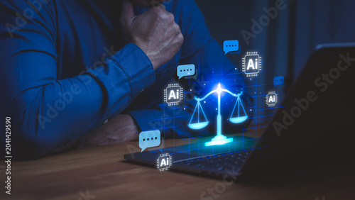 Business analyzing AI ethics and legal compliance with digital balance scale interface. Concept of artificial intelligence governance, responsible technology, regulation, fairness, and data privacy.