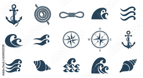 Vászonkép Nautical icons set with anchors waves.