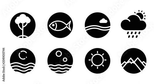 Nature Icons Set: Tree, Fish, Waves, Rain, Moon, Bubbles, Sun, Mountains
