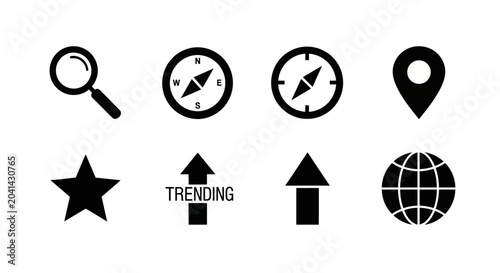 Navigation Icons Set: Search, Compass, Map Pin, Star, Trending, Up Arrow, Globe