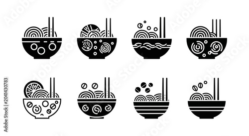 Noodle Bowls Icon Set: Ramen, Udon, Soba - Vector Illustrations