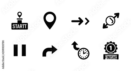 Navigation Icons: Start, Pin, Arrows, Pause, Time, Finish Line, Route
