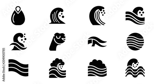 Ocean Wave Icons Set, Water Symbol Collection, Nautical Graphics