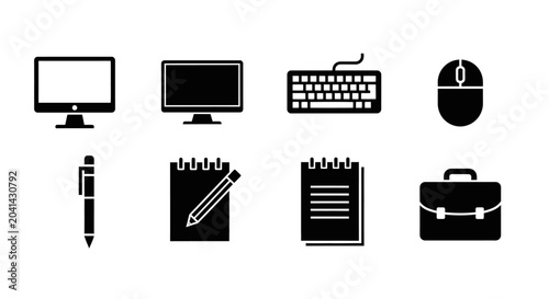 Office Essentials Icons: Computer, Keyboard, Mouse, Pen, Notebook, Briefcase