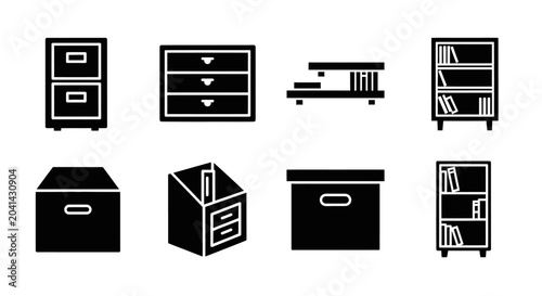 Office Storage Icons: Filing Cabinet, Shelves, Boxes, Bookshelf, Drawer Unit