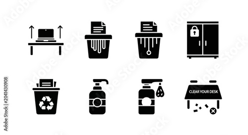 Office Security and Cleanliness Icons: Shredder, Lockable Cabinet, Soap Dispenser, Recycling