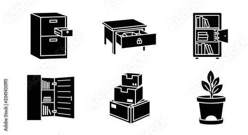 Office Storage Icons: Filing Cabinet, Desk, Bookshelf, Wardrobe, Boxes, Plant