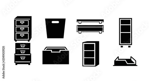 Office Storage Icons: Filing Cabinets, Bins, Shelves, Trays