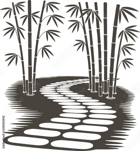 Canvas Print Serene garden landscape featuring bamboo forest and winding stone path in dark grey silhouette style representing peace and zen concepts