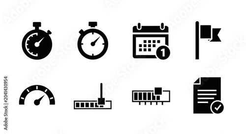 Business Icons: Stopwatch, Calendar, Flag, Gauge, Progress Bar, Document