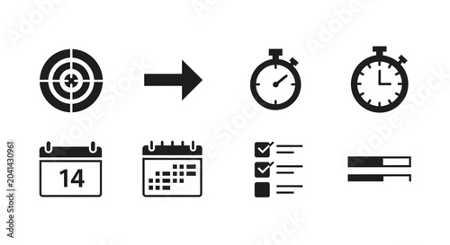 Business Icons: Target, Arrow, Clock, Calendar, Checklist, Progress Bars