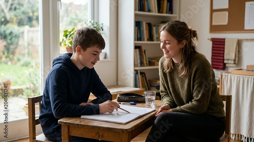 Naklejka A young boy and a smiling woman are sitting at a wooden table, looking at a drawing or homework together in a bright room.