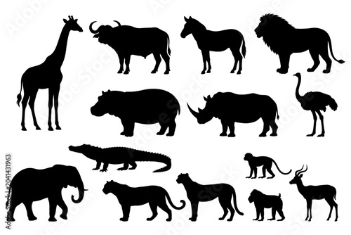 Photography Collection of black silhouette illustrations of various African and safari animals arranged on a white background
