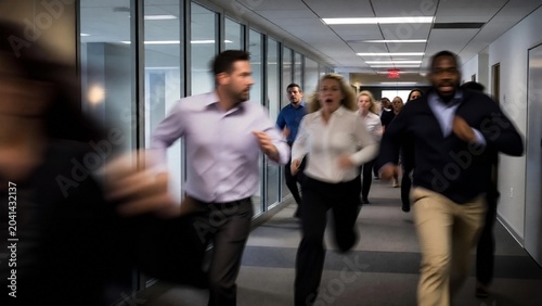 Panic and Chaos as Business People Run Down Office Hallway During Emergency