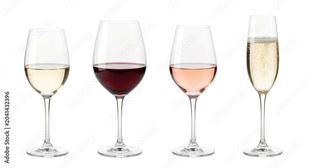 Fototapeta premium Different types of wine glasses collection, isolated on transparent background