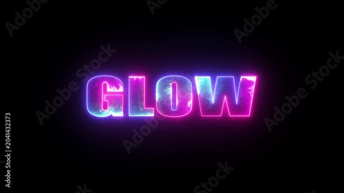 Neon word glow glowing with bright pink and blue colors against a black background the is displayed in large illuminated