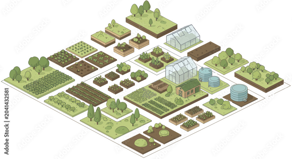 Fototapeta premium Isometric View of a Sustainable Organic Farm Layout.