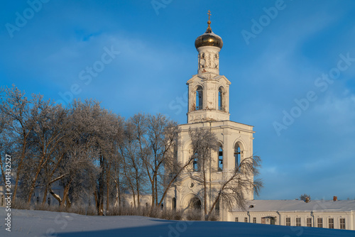 Gate Bell Tower of the St. George (Yuriev) Monastery on a sunny winter day, Veliky Novgorod, Russia