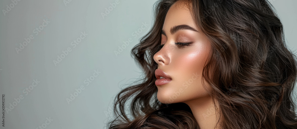 Naklejka premium Beautiful Woman Profile Portrait with Long Shiny Wavy Hair and Natural Glowing Skin