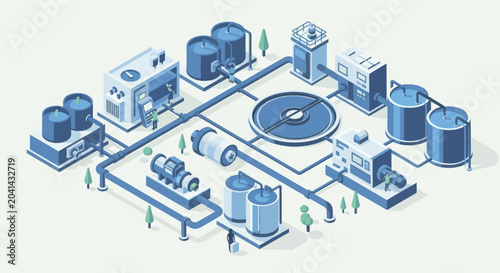 Isometric Water Treatment Plant Illustration with Tanks and Filtration Systems.