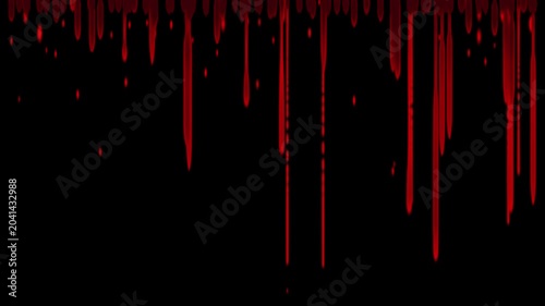 Abstract red blood liquid dripping down on a solid black background featuring bright, viscous trickling and downwards against