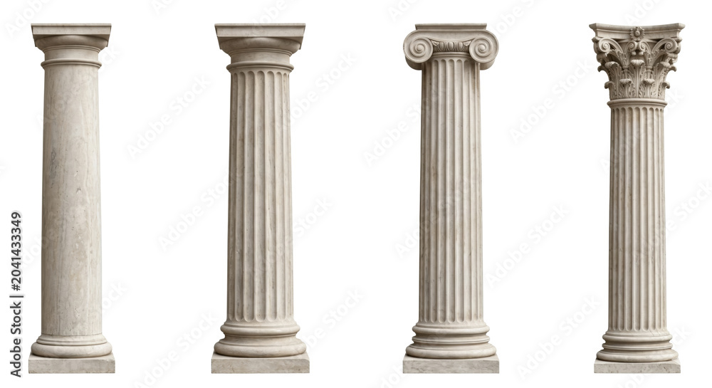 Naklejka premium Classic architectural stone columns showing orders, isolated on transparent background