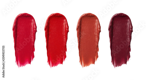 Konstfotografi Red and burgundy liquid lipstick smudges set, isolated on transparent background