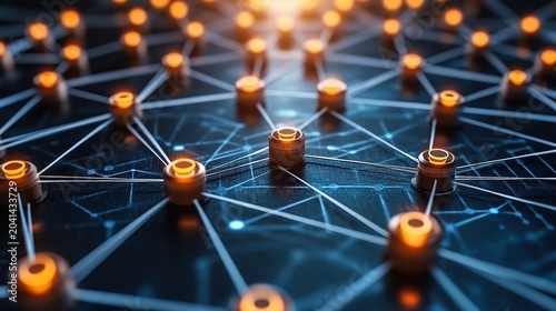 Intricate glowing orange nodes interconnected by luminous blue network lines in cyberspace