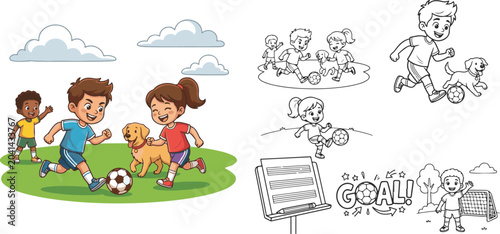 children playing in the park and playing with a toy dog sport nature ball home friends educational cartoon print illustration vector clipart and line art colouring book for kids drawn hand drawn.	