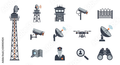 Security and surveillance vector icons set representing technology and safety