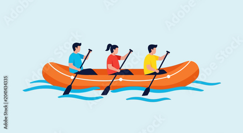 People Rafting on River. Adventure activity in water. Vector illustration.
