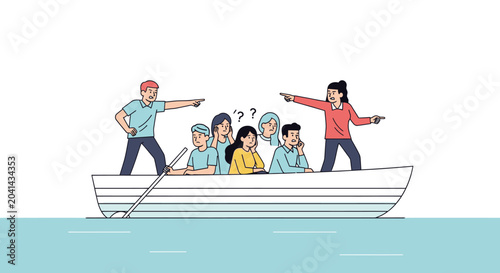 People sailing in a boat guided by directions vector illustration.