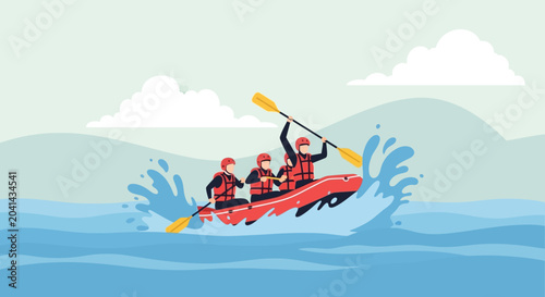 Rafting Adventure: Team Navigating Whitewater Rapids in a Bright Raft