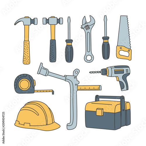 Set of construction tools hammer screwdriver saw wrench drill and toolbox