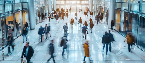 Busy Business People Walking in Modern Office Lobby with Motion Blur
