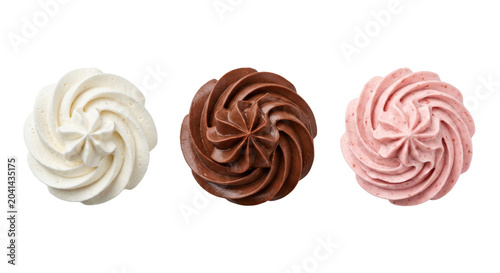 Obraz na plátne Swirls of white chocolate and strawberry frosting from above, isolated on transp