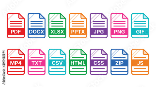 Colorful file type icons for various digital formats