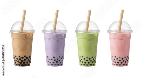 Quadro su tela Assorted bubble boba milk tea drinks set, isolated on transparent background