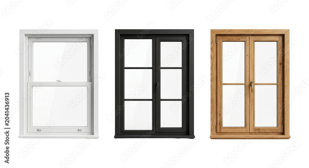 Obraz premium Assorted modern home window frames row, isolated on transparent background