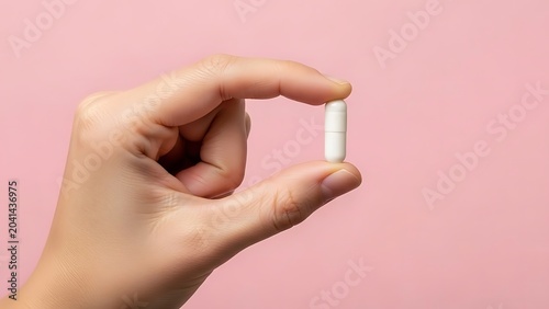 Hand holding a white capsule pill on a pink background.