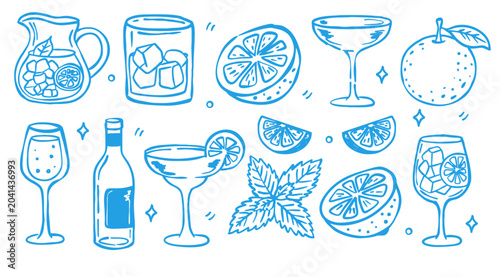 Konstfotografi Hand drawn summer line art set of cocktails, citrus fruits, wine glasses, bottles, and garnishes