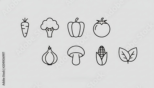 A clean vector illustration showing eight simple vegetable line icons arranged in two rows on a light background with the label vegetable line icon set.