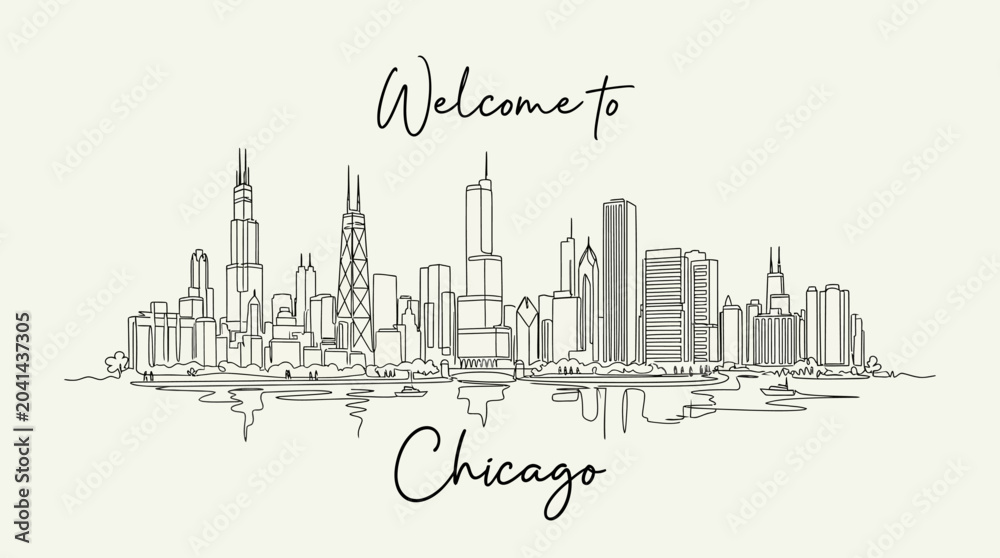 Fototapeta premium Chicago City Skyline Sketch, Illustrated Welcome, Minimalist Design