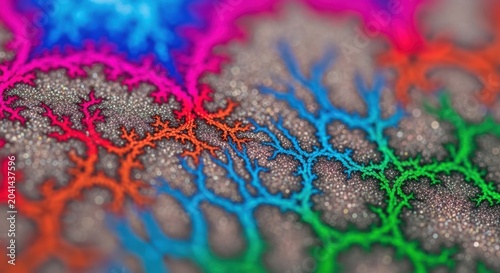 Abstract colorful fractal pattern with intricate branching shapes