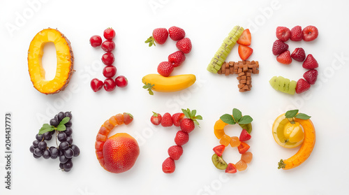 Colorful and creative image featuring numbers from 0 to 9, each uniquely styled with different fruits. The number 0 is made from a pineapple, with its textured skin and crown. Number 1 is formed by