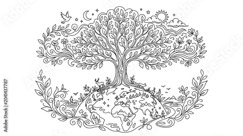 Intricate Earth with Tree of Life Illustration in Elegant Black and White