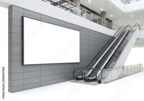 Large blank horizontal billboard on a grey tiled wall next to an escalator