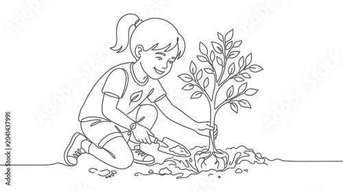 Young Girl Planting Sapling: Eco-Friendly Activity, Vector Illustration