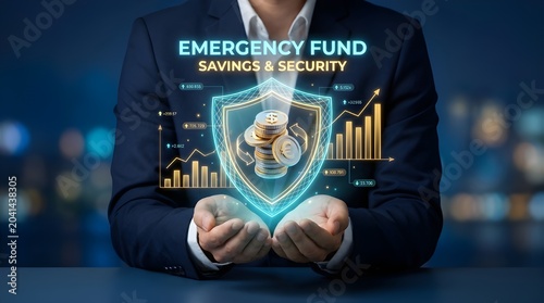 Business professional holding shield with emergency fund and financial security icons in office background