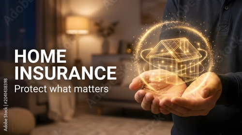 Hand Holding Golden House Model with Insurance Concept in Warm Home Setting
